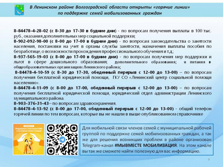 В Ленинском районе Волгоградской области открыты "горячие линии" по поддержке семей мобилизованных граждан